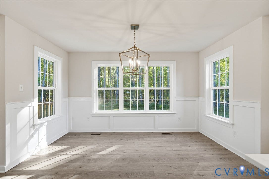 8209 Grantham Woods Way, Grantham Woods, Henrico, VA 23231 Room featuring wood-finish flooring, wainscoting, multi-pane windows, and a geometric chandelier