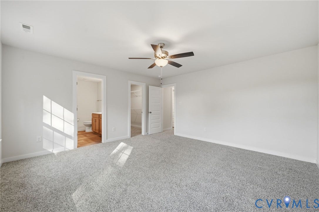 8209 Grantham Woods Way, Grantham Woods, Henrico, VA 23231 Neutral-toned carpeted room featuring a ceiling fan with integrated lighting and multi-panel interior doors