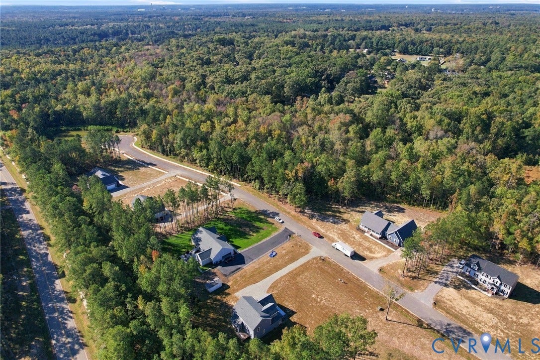 8209 Grantham Woods Way, Grantham Woods, Henrico, VA 23231 Aerial perspective of residential lots featuring asphalt driveways, open land parcels, and expansive surrounding woodland
