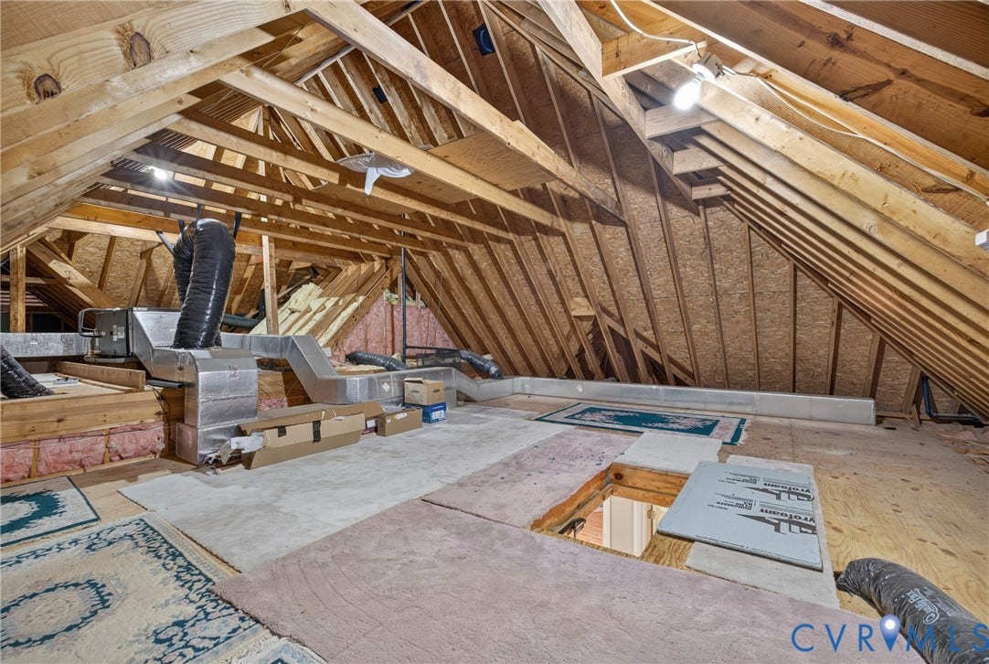 Unfinished attic space featuring exposed wood-truss construction, oriented strand board roof decking, and accessible HVAC ductwork