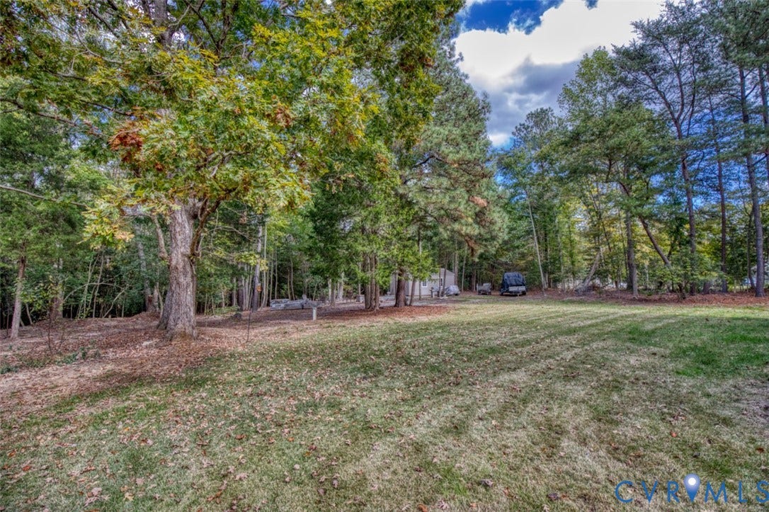 13501 Cooks Mill Court, Cooks Mill, Lanexa, VA 23089 Expansive backyard featuring an open grass lawn, mature trees, and a heavily wooded perimeter