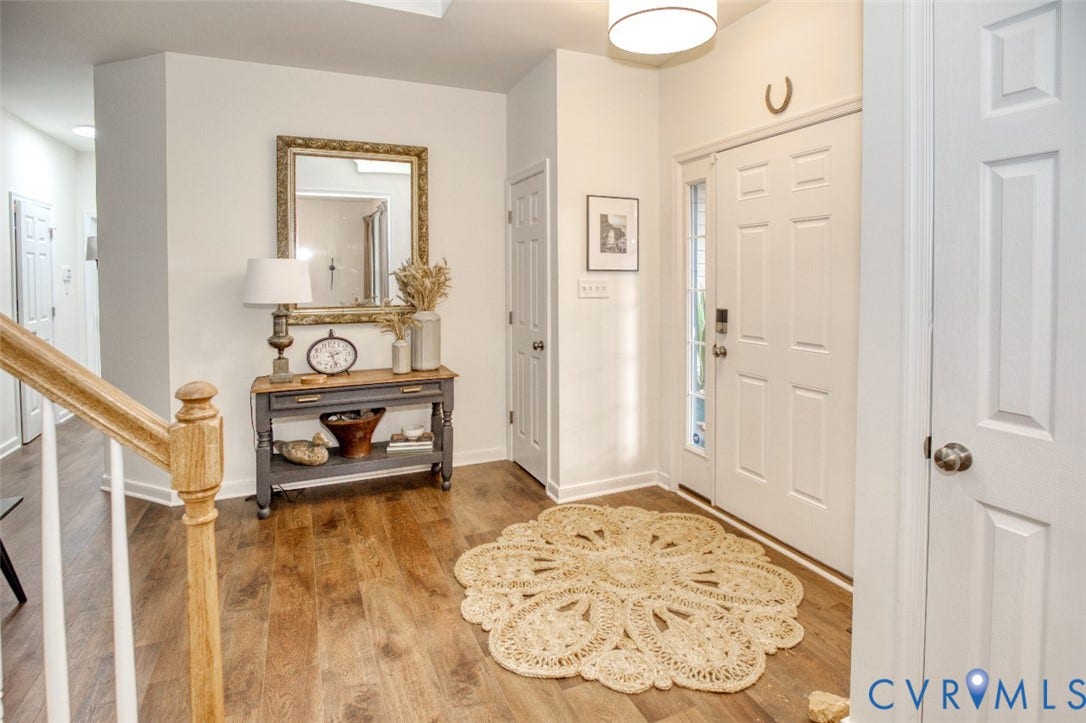 13501 Cooks Mill Court, Cooks Mill, Lanexa, VA 23089 Foyer featuring wood-finish flooring, a white paneled front door with sidelight, and a pendant light fixture