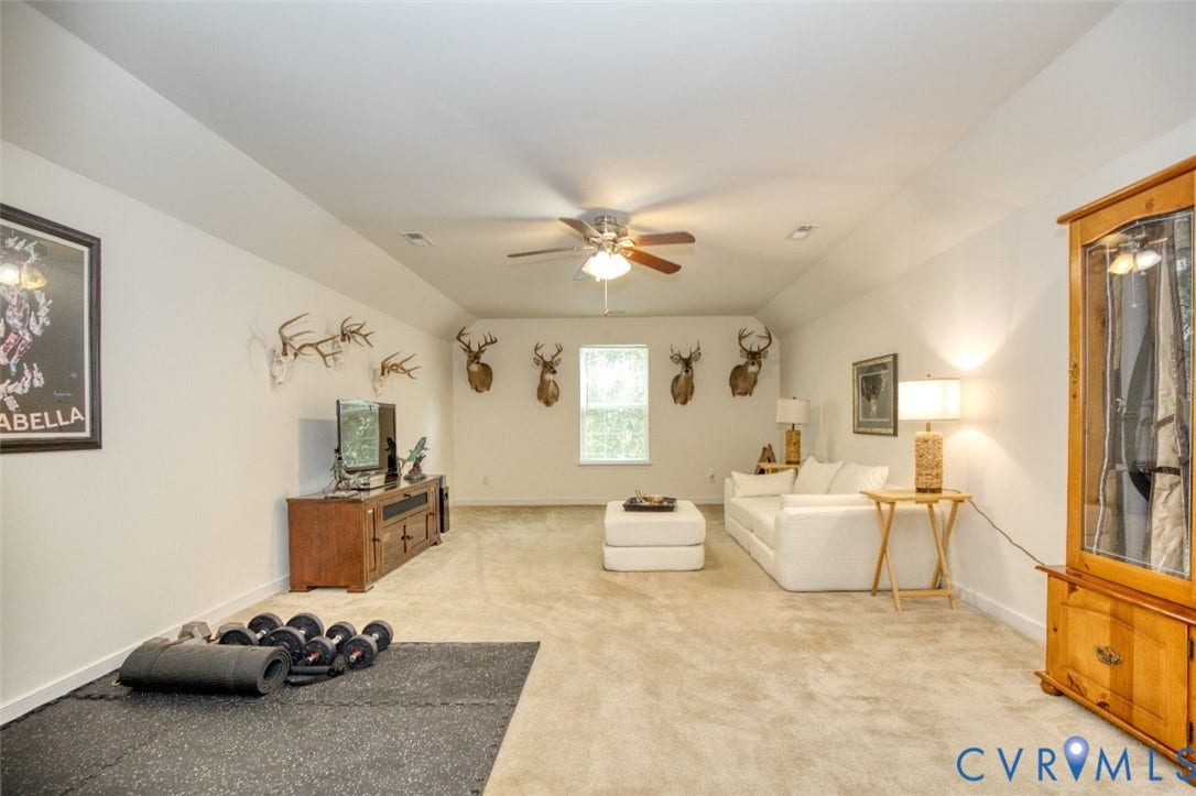 13501 Cooks Mill Court, Cooks Mill, Lanexa, VA 23089 Spacious room featuring vaulted ceilings, neutral carpeting, and a central ceiling fan