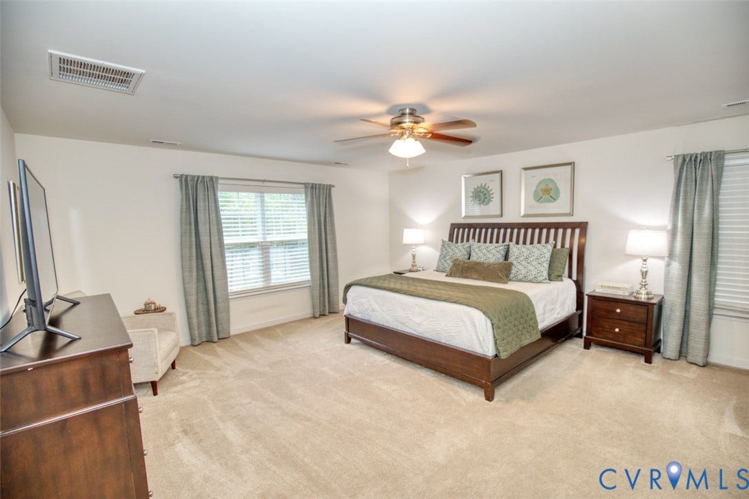 13501 Cooks Mill Court, Cooks Mill, Lanexa, VA 23089 Neutral-toned wall-to-wall carpeting and central ceiling fan with integrated lighting