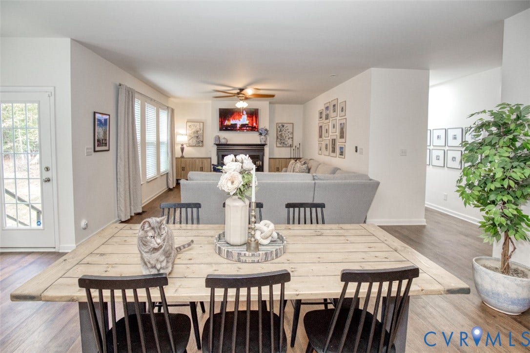 13501 Cooks Mill Court, Cooks Mill, Lanexa, VA 23089 Open-concept space featuring wood-finish flooring, a fireplace with a dark mantle, built-in cabinetry, and a glass-paneled exterior door