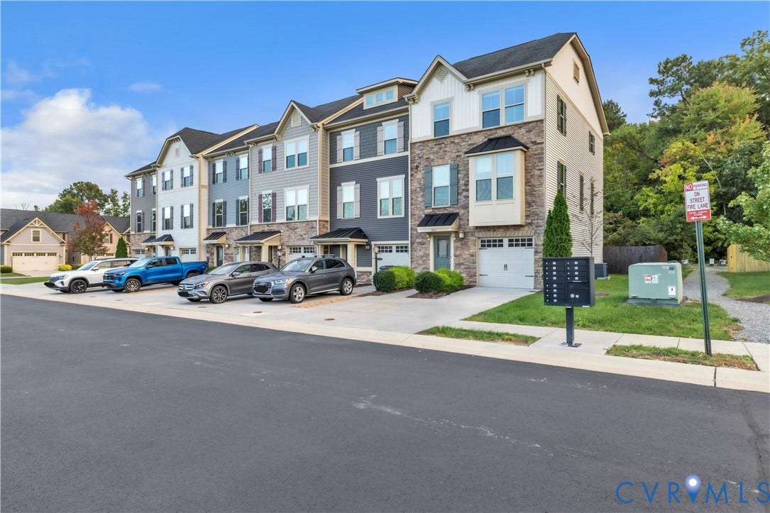 4511 Wistar Woods Trail, Richmond, VA 23228 Multi-unit exterior featuring multi-tone siding, stone veneer accents, multi-pane windows, individual garage doors, and pitched shingle roofs