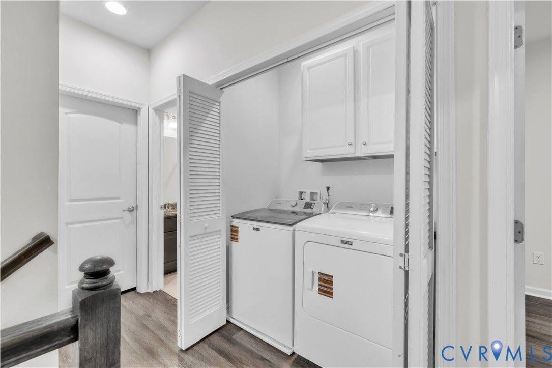 4511 Wistar Woods Trail, Richmond, VA 23228 Laundry area featuring white shaker-style cabinetry, louvered bi-fold doors, and wood-finish flooring