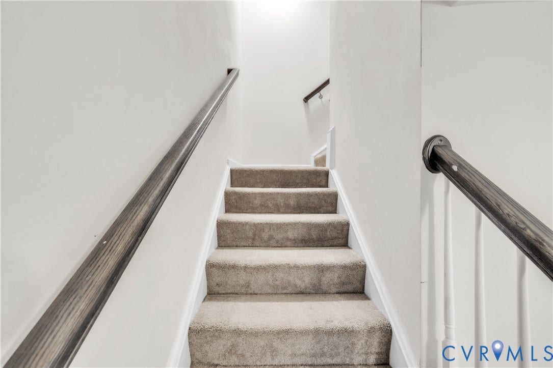 4511 Wistar Woods Trail, Richmond, VA 23228 Staircase featuring wall-to-wall carpeting, wood-finish handrails, and white balusters