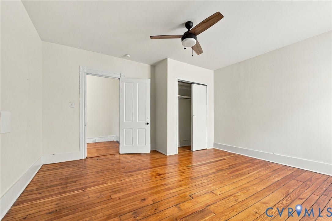 522 N 27th Street, Church Hill, Richmond, VA 23223 Bedroom #3 with hardwood flooring, wood-finish ceiling fan, and multi-panel interior door