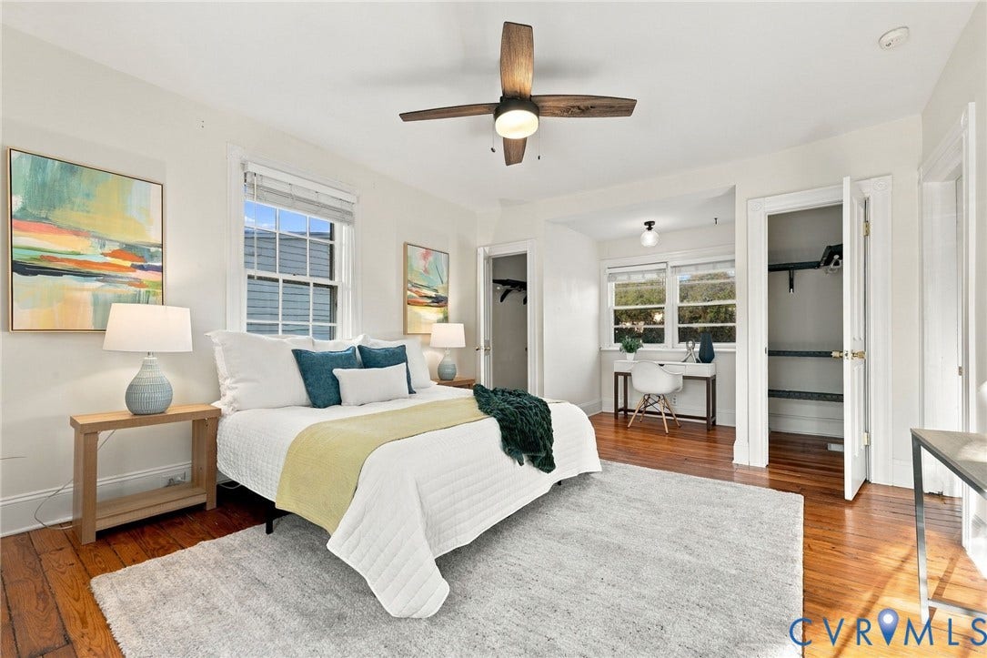 522 N 27th Street, Church Hill, Richmond, VA 23223 Bedroom featuring wood-finish flooring, multi-pane windows, and a ceiling fan with integrated lighting
