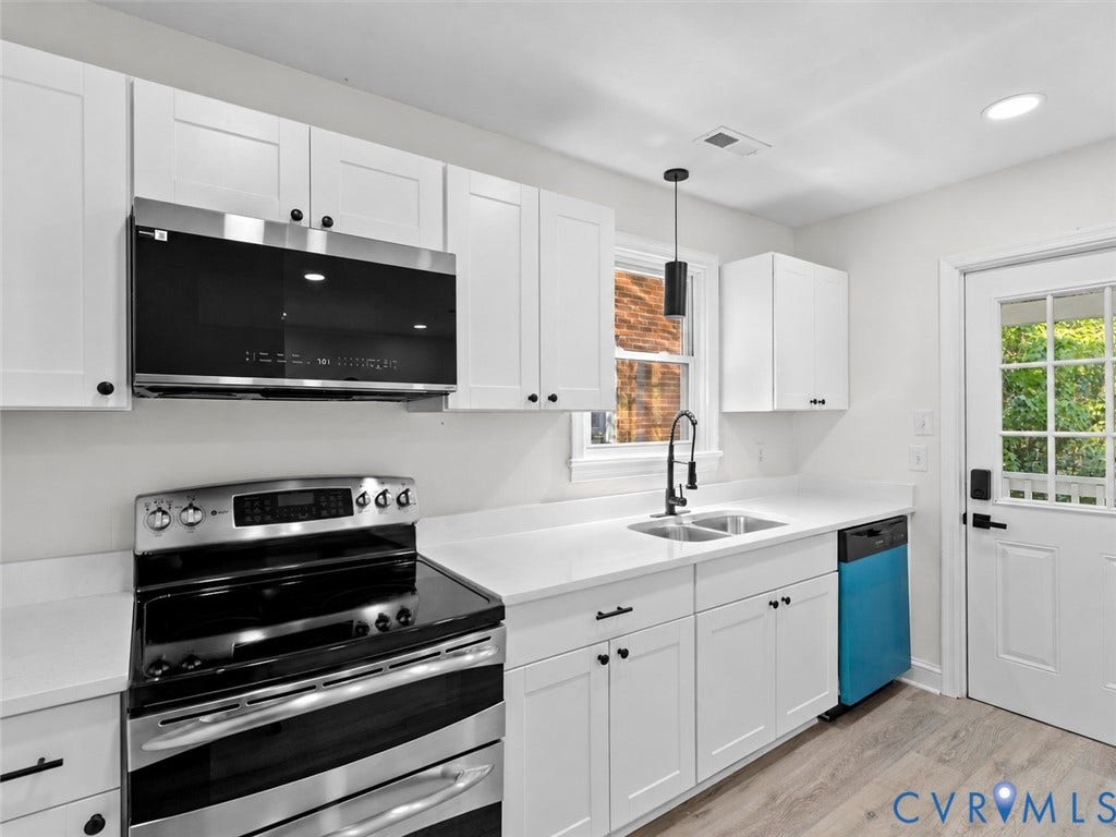 135 Elm Street, Petersburg, VA 23803 Kitchen featuring white shaker-style cabinetry, solid-surface countertops, a stainless steel range, an over-the-range microwave, and a gooseneck faucet