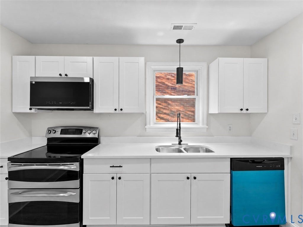 135 Elm Street, Petersburg, VA 23803 Kitchen featuring white cabinetry, quartz countertops, dual-basin stainless steel sink with matte black faucet, and stainless steel appliances