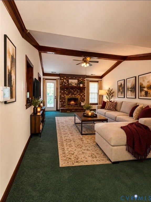 10800 Drayton Road, Chesterfield, VA 23831 Vaulted ceiling with exposed wood-finish beams, brick fireplace featuring a wood mantel, and interior wood trim