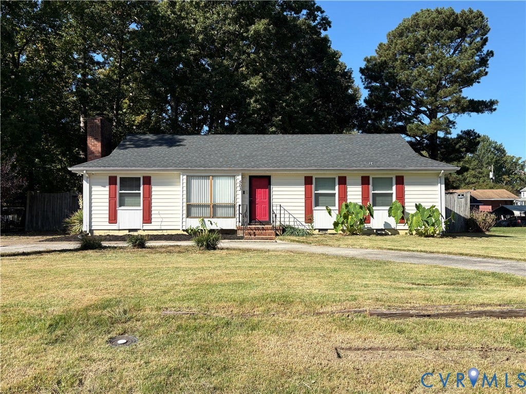 503 Briarwood Circle, Jefferson Circle, North Prince George, VA 23860 Single-story ranch exterior featuring light-toned siding, decorative window shutters, a brick chimney, and a concrete driveway