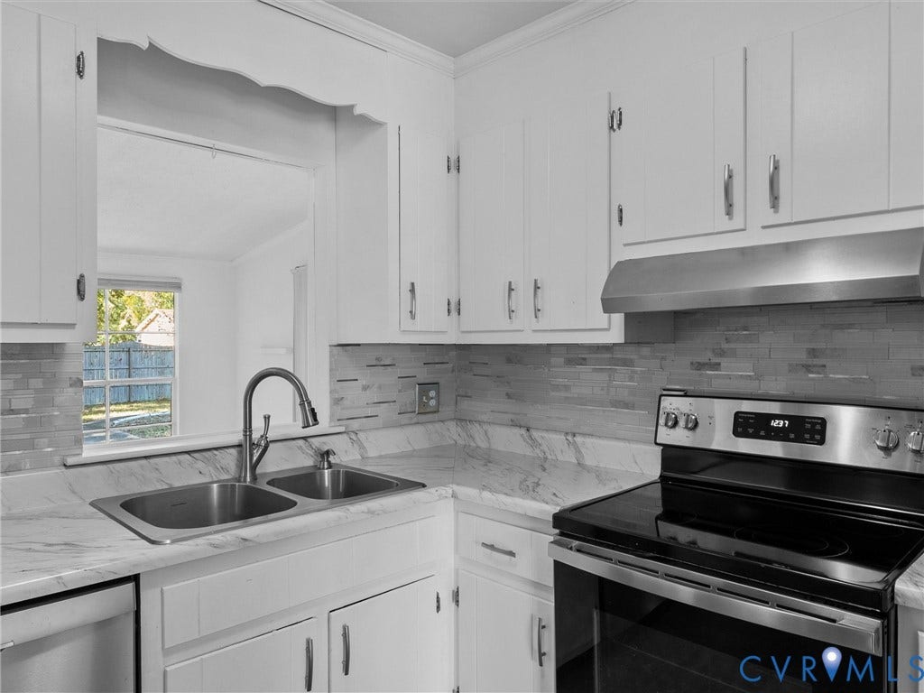 503 Briarwood Circle, Jefferson Circle, North Prince George, VA 23860 Kitchen featuring white cabinetry, stone-patterned countertops, a stainless steel dual-basin undermount sink with a gooseneck faucet, a subway tile backsplash, and a stainless steel range with a coordinating hood