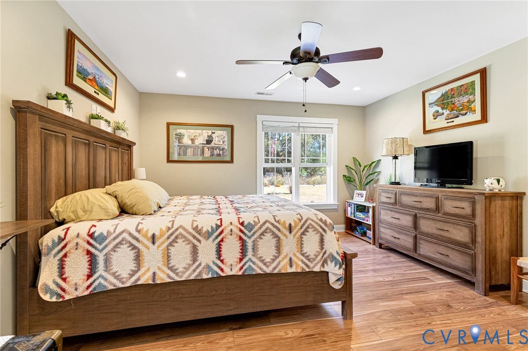 3820 Upshaw Road, Decker's Pond, Aylett, VA 23009 Bedroom featuring wood-finish flooring, recessed lighting, and a central ceiling fan