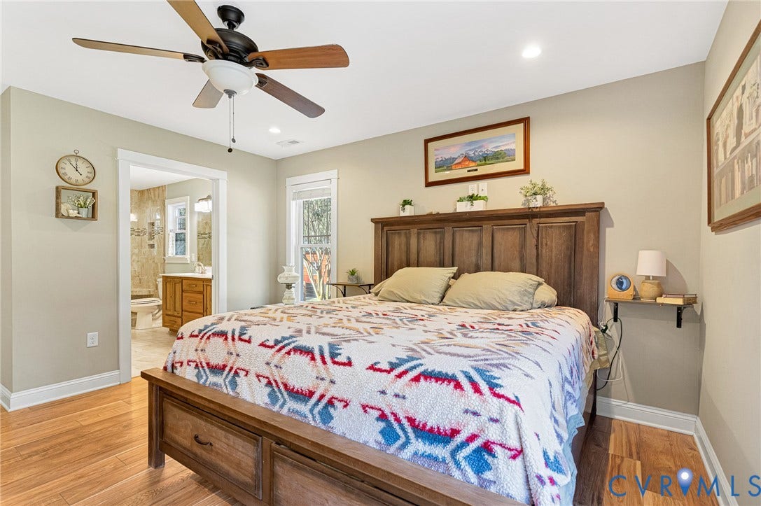 3820 Upshaw Road, Decker's Pond, Aylett, VA 23009 Wood-finish flooring, ceiling fan with integrated lighting, neutral wall palette, and recessed lighting