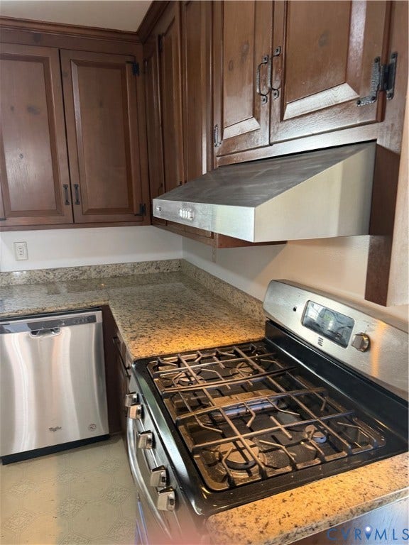 2305 Lydell Drive, Ginter Park - Adjacent, Glen Allen, VA 23228 Stained wood cabinetry, stone countertops, stainless steel dishwasher, gas range, and wall-mounted stainless steel exhaust hood