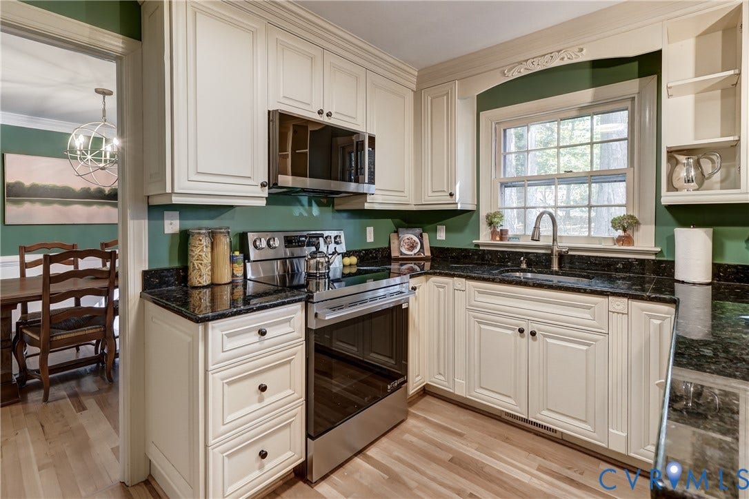 5 Bridgehampton Place, Yorkshire, Henrico, VA 23229 Kitchen featuring off-white cabinetry, dark stone countertops, stainless steel appliances, and a single-basin undermount sink