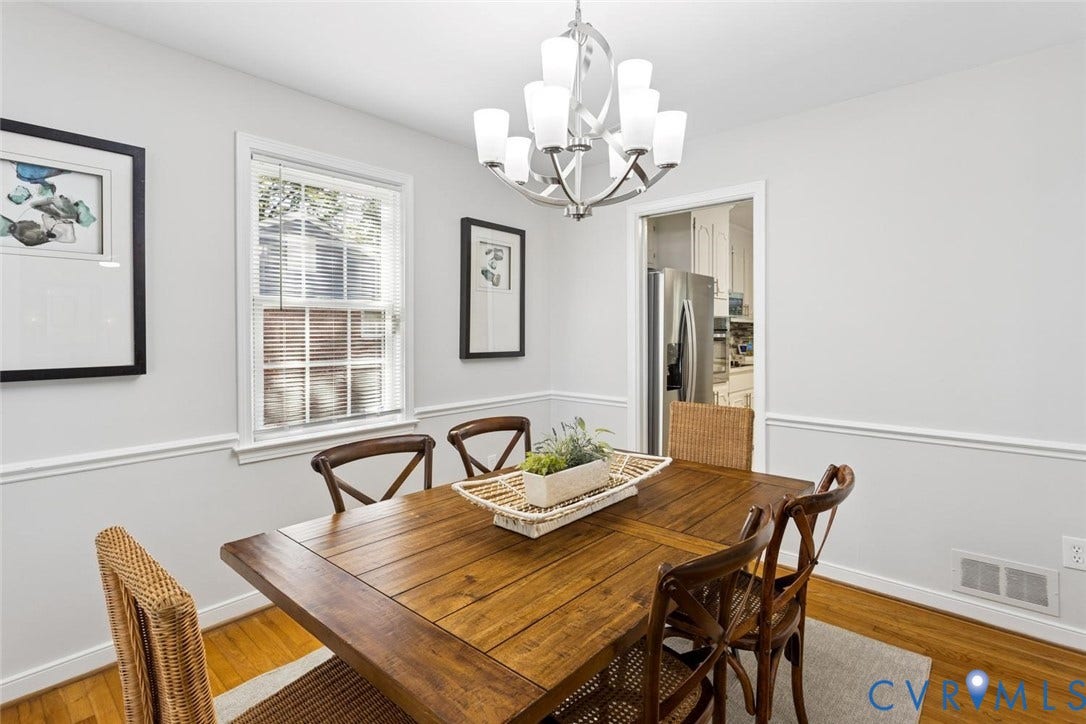 1014 Westbriar Drive, Henrico, VA 23238 Dining area featuring wood-finish flooring, chair rail molding, a polished metal multi-light chandelier, and a single-hung window