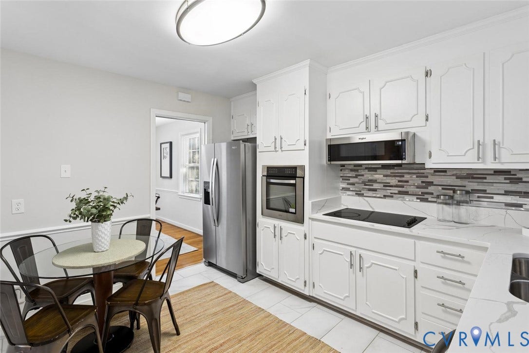 1014 Westbriar Drive, Henrico, VA 23238 Kitchen featuring white cabinetry, quartz countertops, a stone-tile backsplash, and integrated stainless steel appliances including a wall oven, microwave, and refrigerator