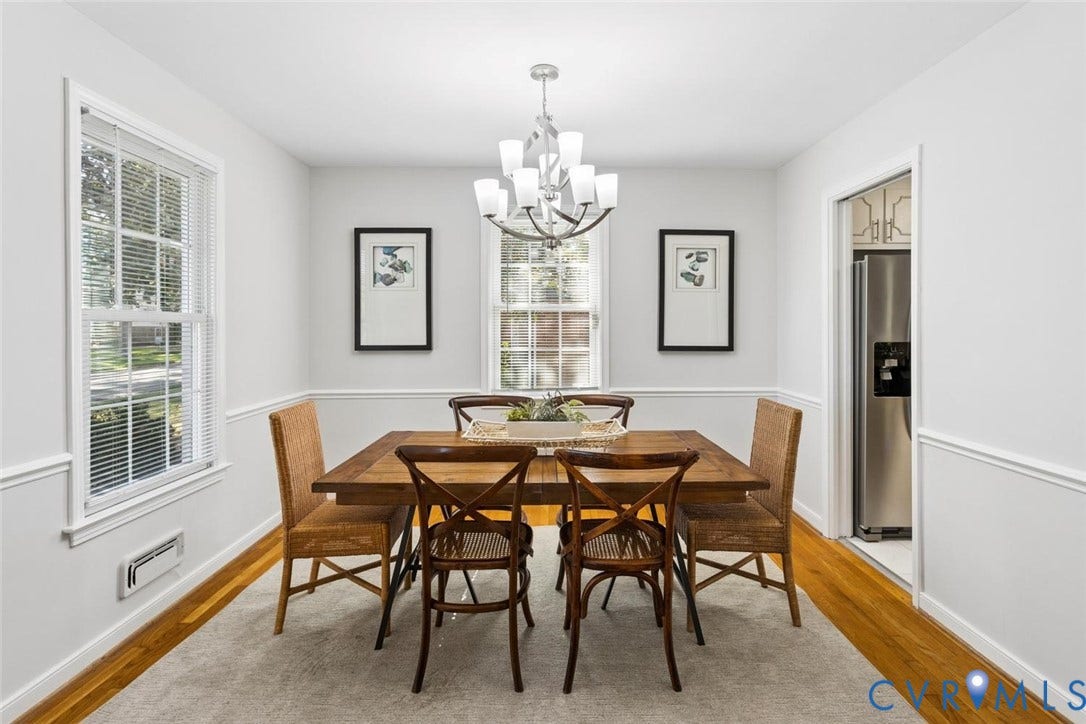 1014 Westbriar Drive, Henrico, VA 23238 Dining area featuring hardwood flooring, chair rail molding, multi-pane windows, and a tiered chandelier
