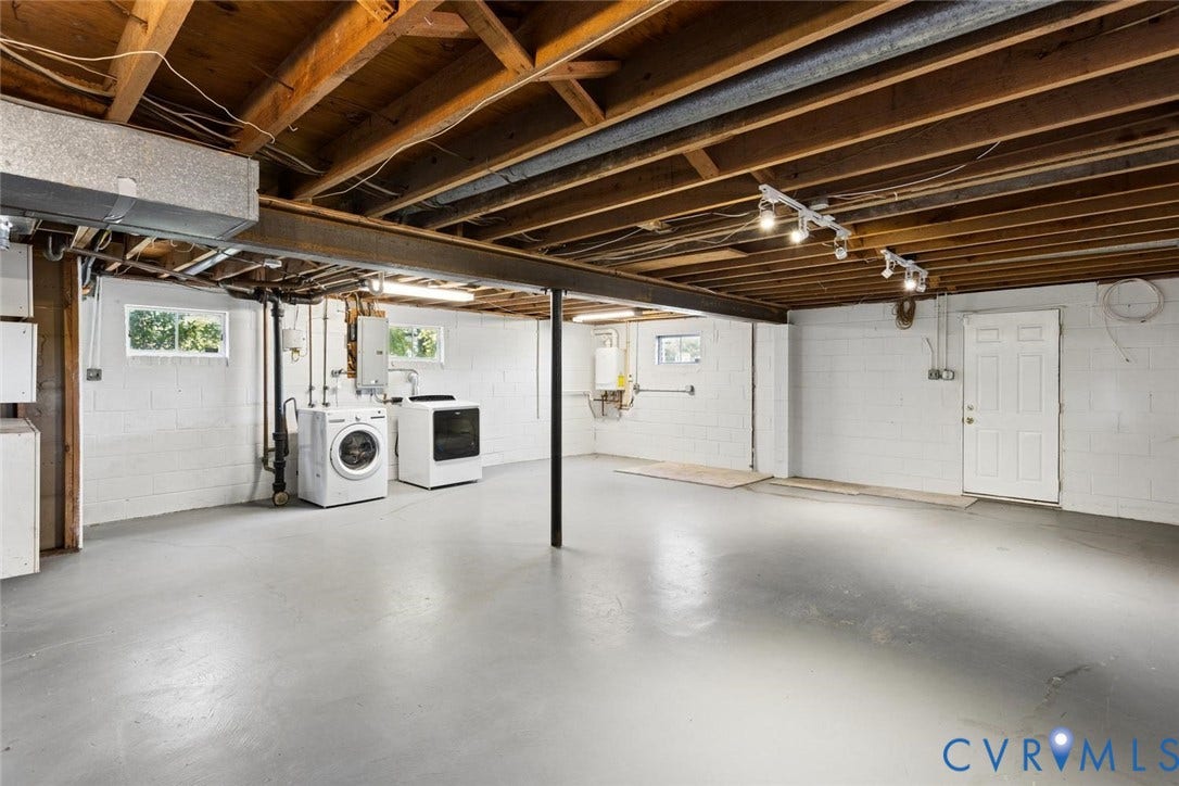 1014 Westbriar Drive, Henrico, VA 23238 Unfinished lower level featuring exposed wood joist ceilings, painted concrete block walls, painted concrete flooring, built-in laundry hookups, and a dedicated exterior access door