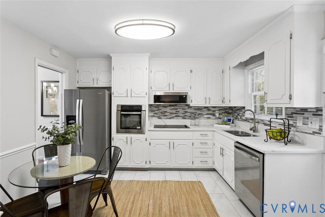 1014 Westbriar Drive, Henrico, VA 23238 Kitchen featuring white cabinetry, stainless steel appliances, a multi-tone tile backsplash, quartz countertops, and tile flooring