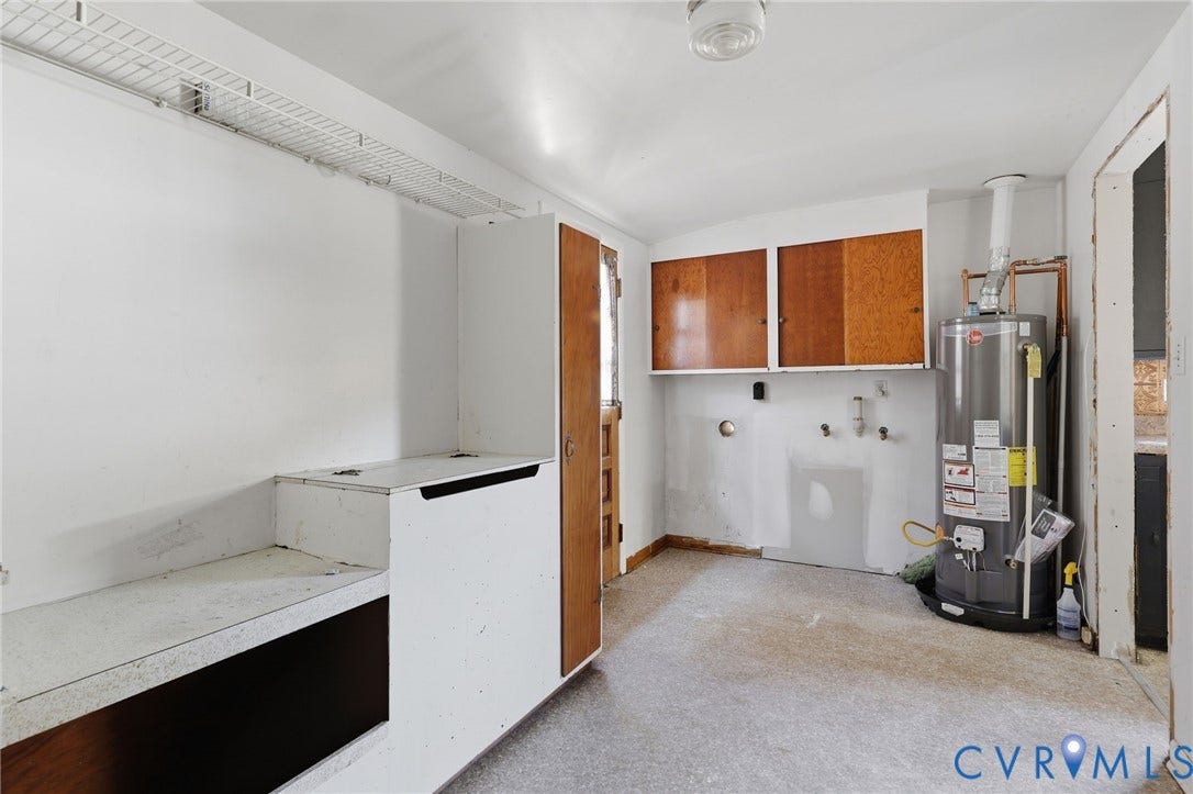 628 Ryan Avenue, Ryan, Colonial Heights, VA 23834 Utility area featuring wood-finish wall-mounted cabinetry, built-in lower storage unit, wire shelving, and an integrated water heater