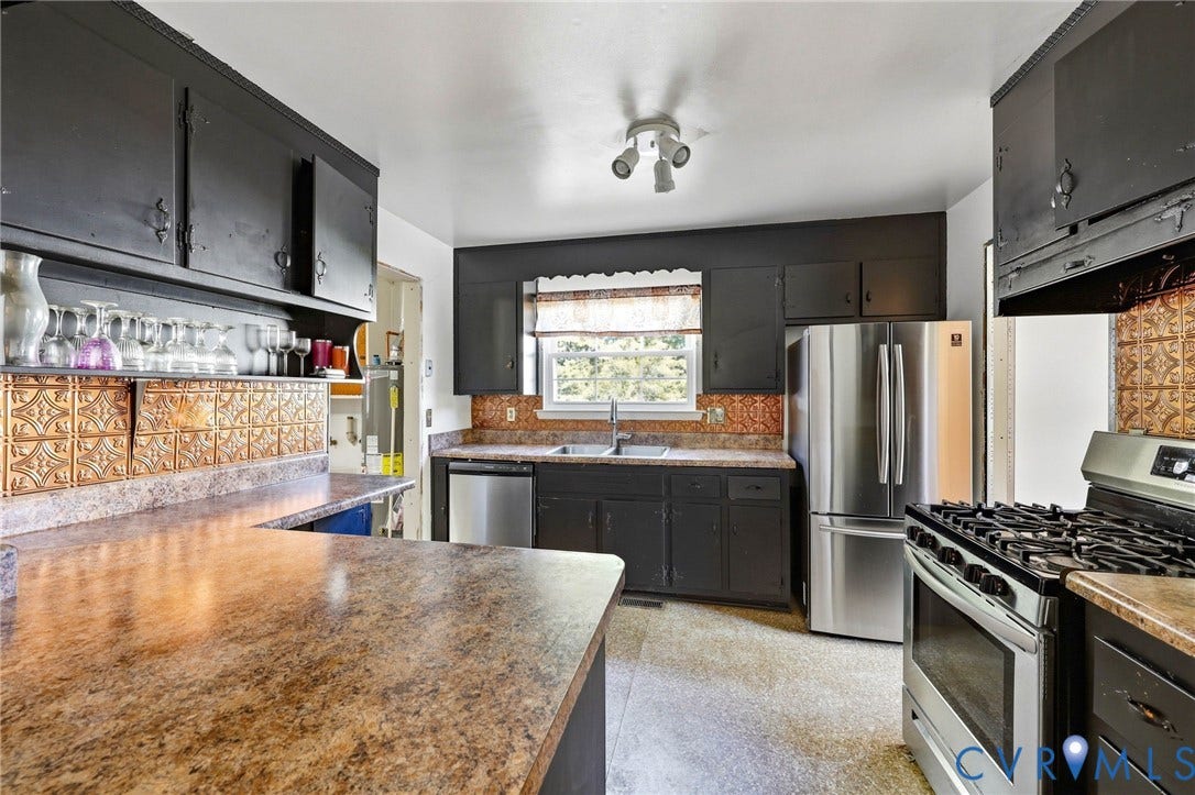 628 Ryan Avenue, Ryan, Colonial Heights, VA 23834 Kitchen featuring matte-finish cabinetry, textured metallic backsplash tiles, stone-pattern countertops, double-basin sink, and stainless steel appliances