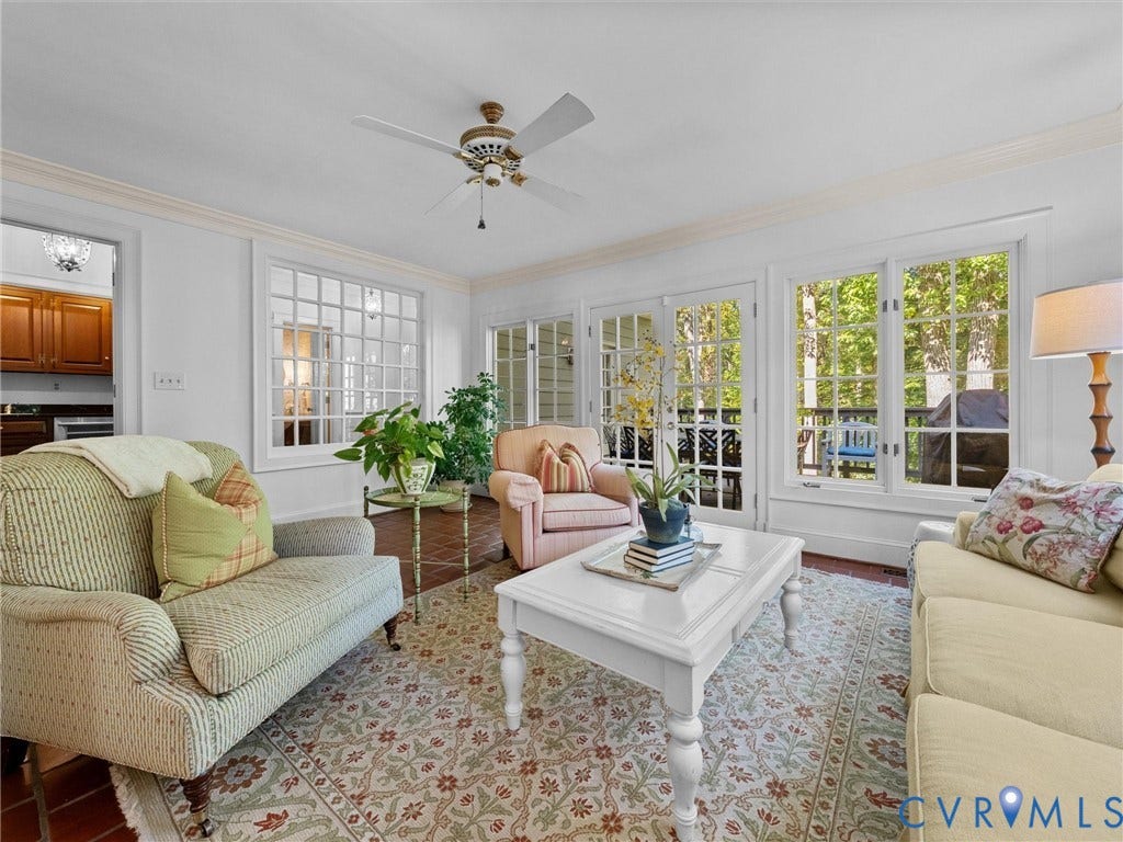 105 Running Cedar Lane, Countryside, Henrico, VA 23229 Sunroom featuring tile flooring, crown molding, a ceiling fan, grid-pattern windows, and French doors