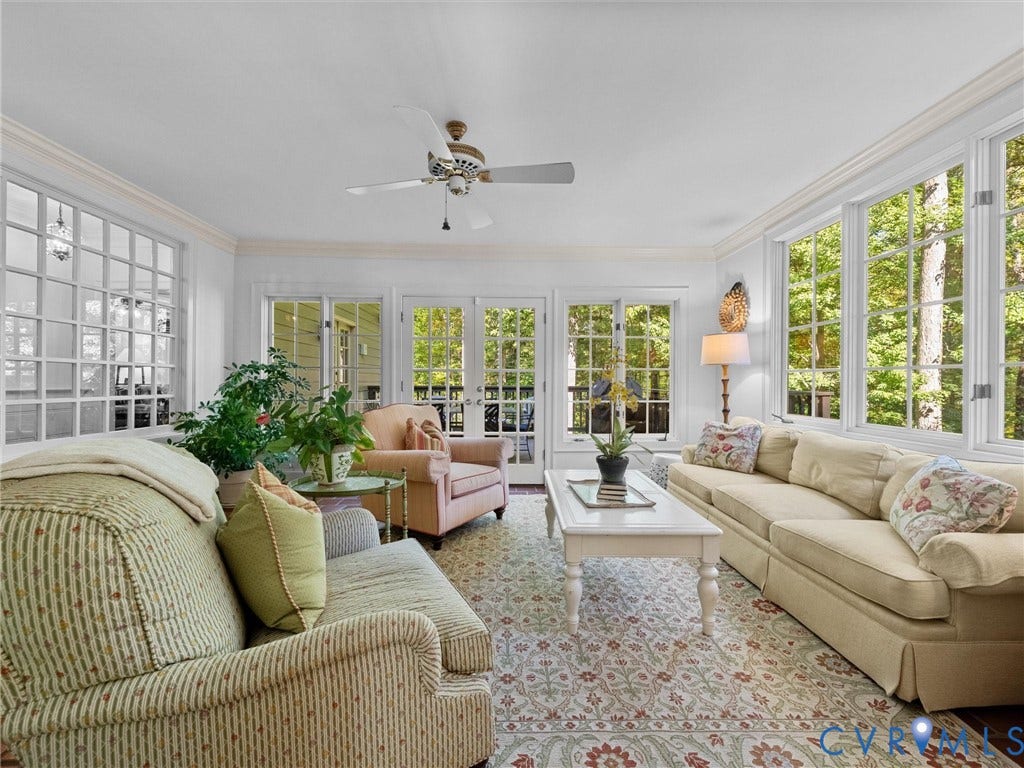 105 Running Cedar Lane, Countryside, Henrico, VA 23229 Sunroom featuring expansive multi-pane windows, glass-paneled double doors, crown molding, and a ceiling-mounted fan