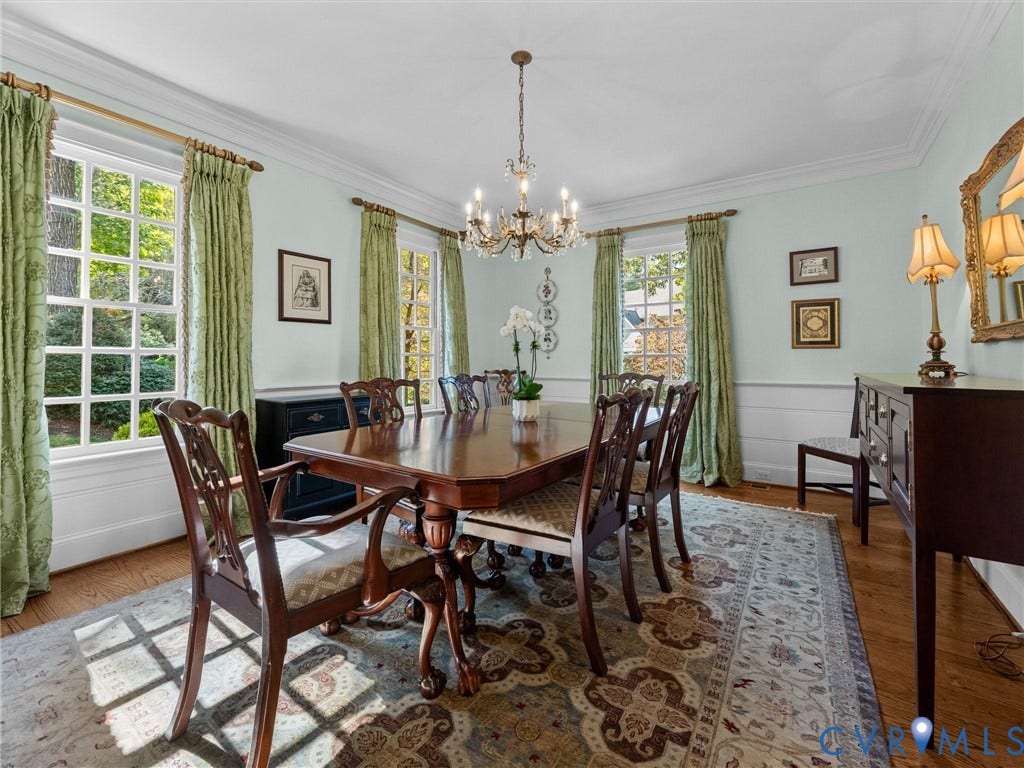 105 Running Cedar Lane, Countryside, Henrico, VA 23229 Formal dining space featuring multi-pane windows, crown molding, chair rail wainscoting, wood-finish flooring, and a central multi-arm chandelier