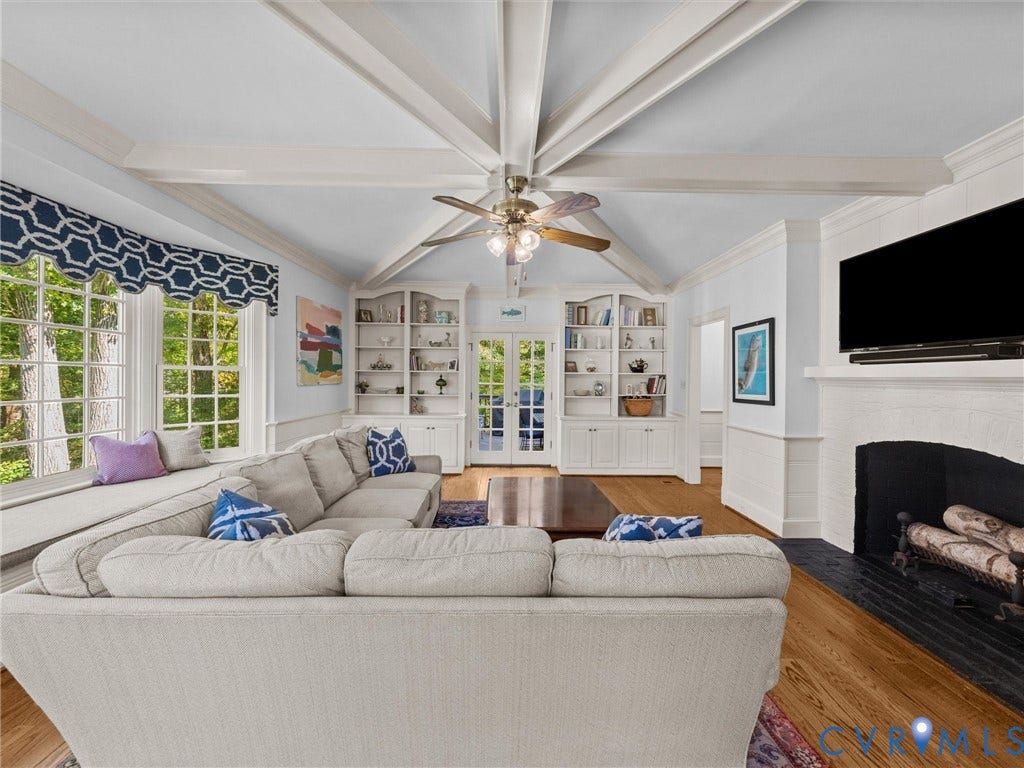 105 Running Cedar Lane, Countryside, Henrico, VA 23229 Vaulted ceiling with exposed beams, fireplace with painted brick surround, built-in cabinetry, wood-finish flooring, and multi-pane windows