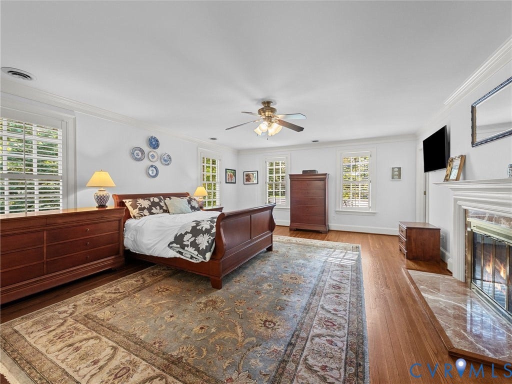 105 Running Cedar Lane, Countryside, Henrico, VA 23229 Spacious room featuring wood flooring, crown molding, multi-pane windows, and a fireplace with a stone-surround hearth