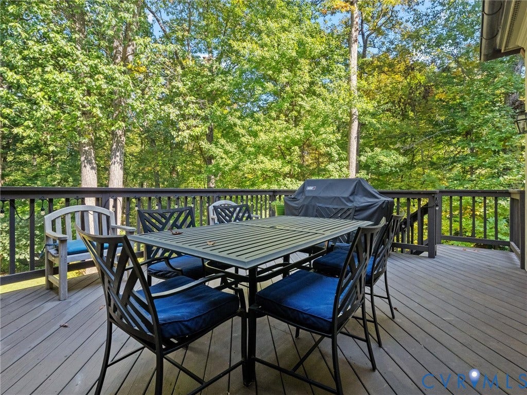 105 Running Cedar Lane, Countryside, Henrico, VA 23229 Elevated wood-plank deck featuring a dark-toned balustrade and mature woodland backdrop
