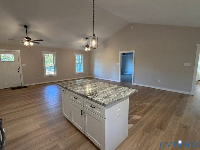 745 Gully Tavern Road, Detached, Rice, VA 23966 Vaulted ceilings, wood-finish flooring, kitchen island with stone countertop, ceiling fans, and pendant lighting