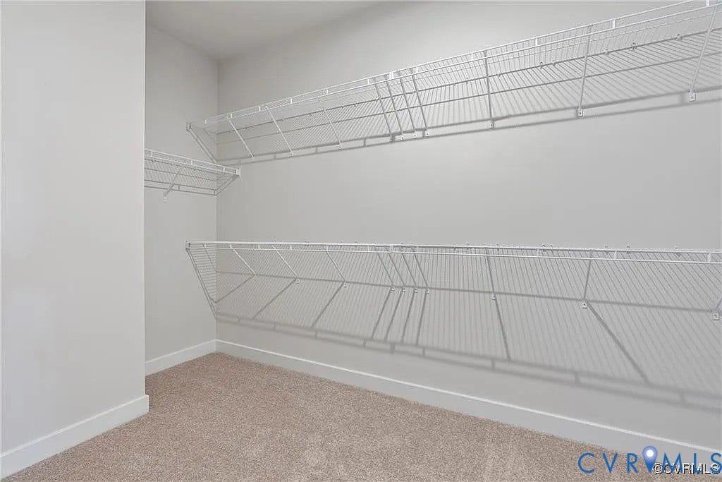 Storage area featuring wall-to-wall carpeting and dual-level white wire shelving