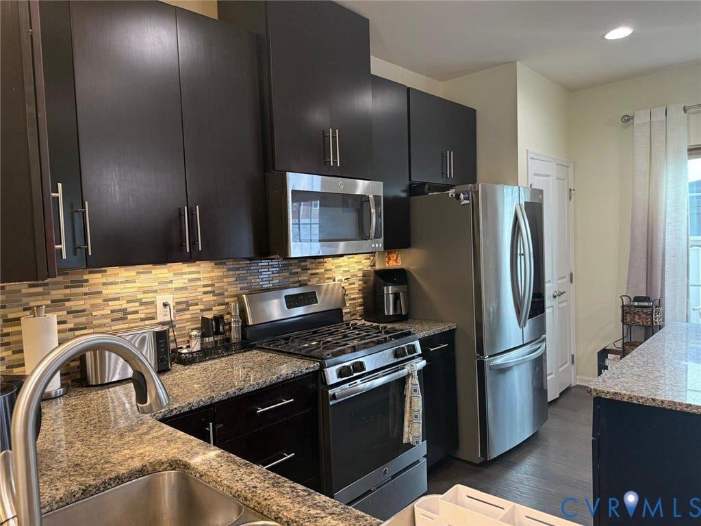 11316 Duncan park Court, Glen Allen, VA 23060 Kitchen featuring dark cabinetry, stone-finish countertops, stainless steel appliances, and a horizontal tile backsplash