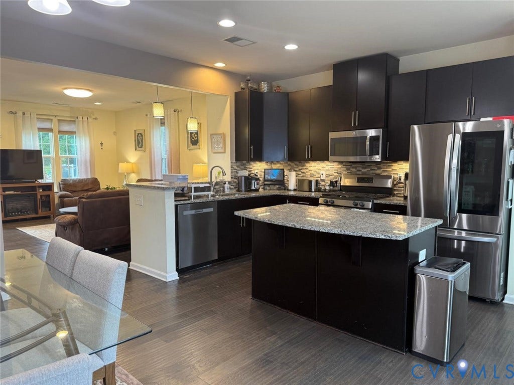 11316 Duncan park Court, Glen Allen, VA 23060 Kitchen featuring dark cabinetry, stone-surface countertops, center island, stainless steel appliances, and wood-finish flooring