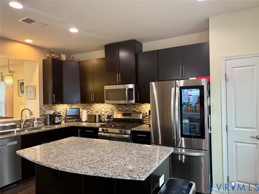 11316 Duncan park Court, Glen Allen, VA 23060 Kitchen featuring dark cabinetry, stone-surface central island, stainless steel appliances, multi-toned tile backsplash, and recessed lighting