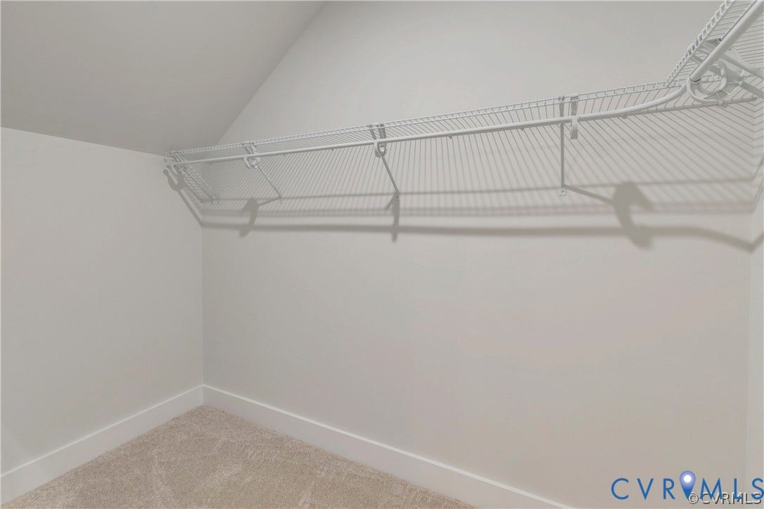 Storage area featuring neutral carpeting and white wire shelving