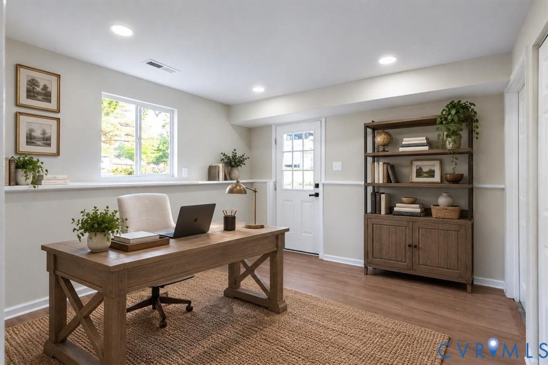 9201 Packard Court, Glen Allen, VA 23060 Neutral-toned room with wood-finish flooring, recessed lighting, chair rail detailing, and a multi-pane exterior door