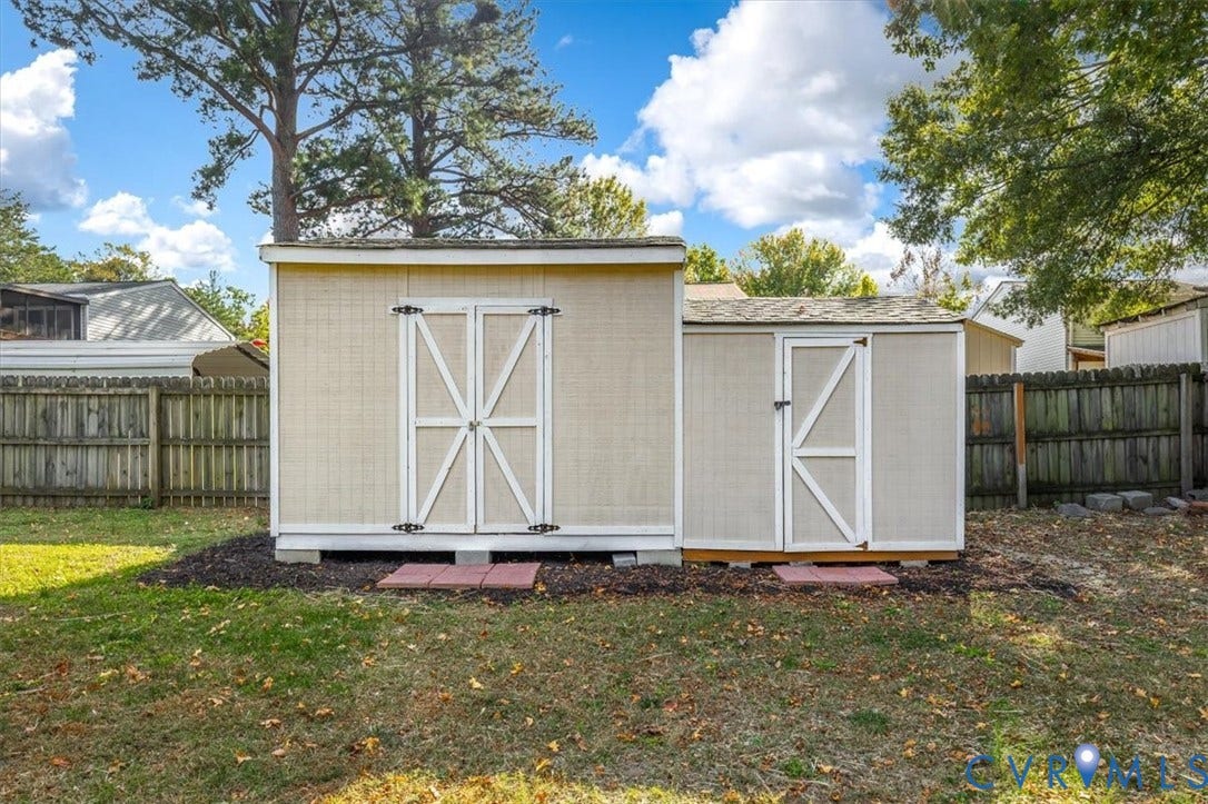 9201 Packard Court, Glen Allen, VA 23060 External storage structure featuring dual entry doors, shingle roofing, and concrete block foundation pads set on a mulched perimeter