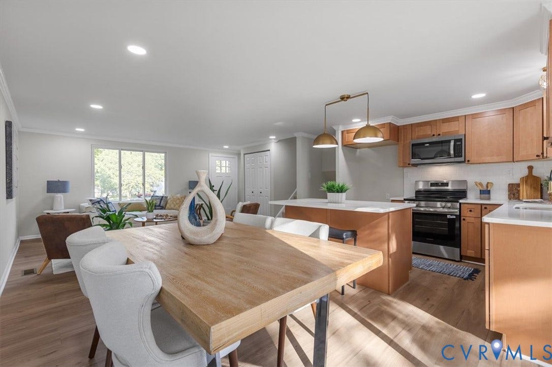 9201 Packard Court, Glen Allen, VA 23060 Kitchen featuring shaker-style cabinetry, stainless steel appliances, a central island with countertop seating, recessed lighting, and wood-finish flooring