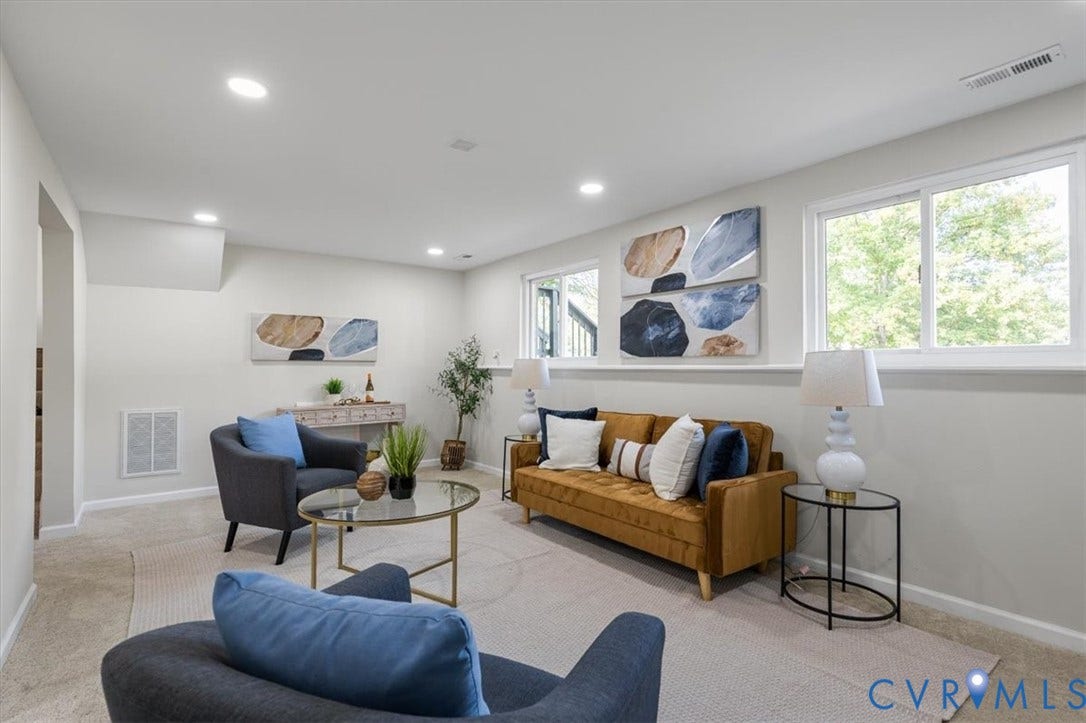 9201 Packard Court, Glen Allen, VA 23060 Neutral wall color palette, recessed ceiling lighting, wall-to-wall carpeting, and wide sliding windows with a continuous ledge