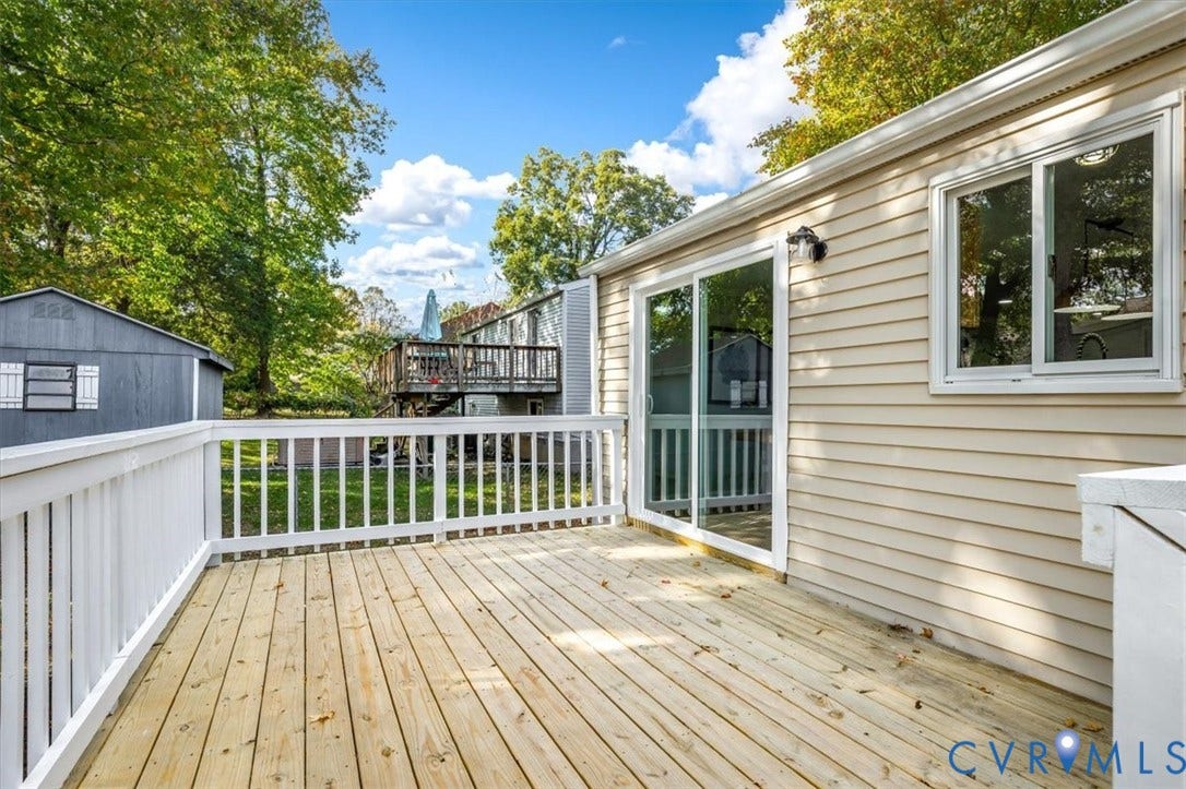 9201 Packard Court, Glen Allen, VA 23060 Elevated wood deck featuring white railing and sliding glass door entry