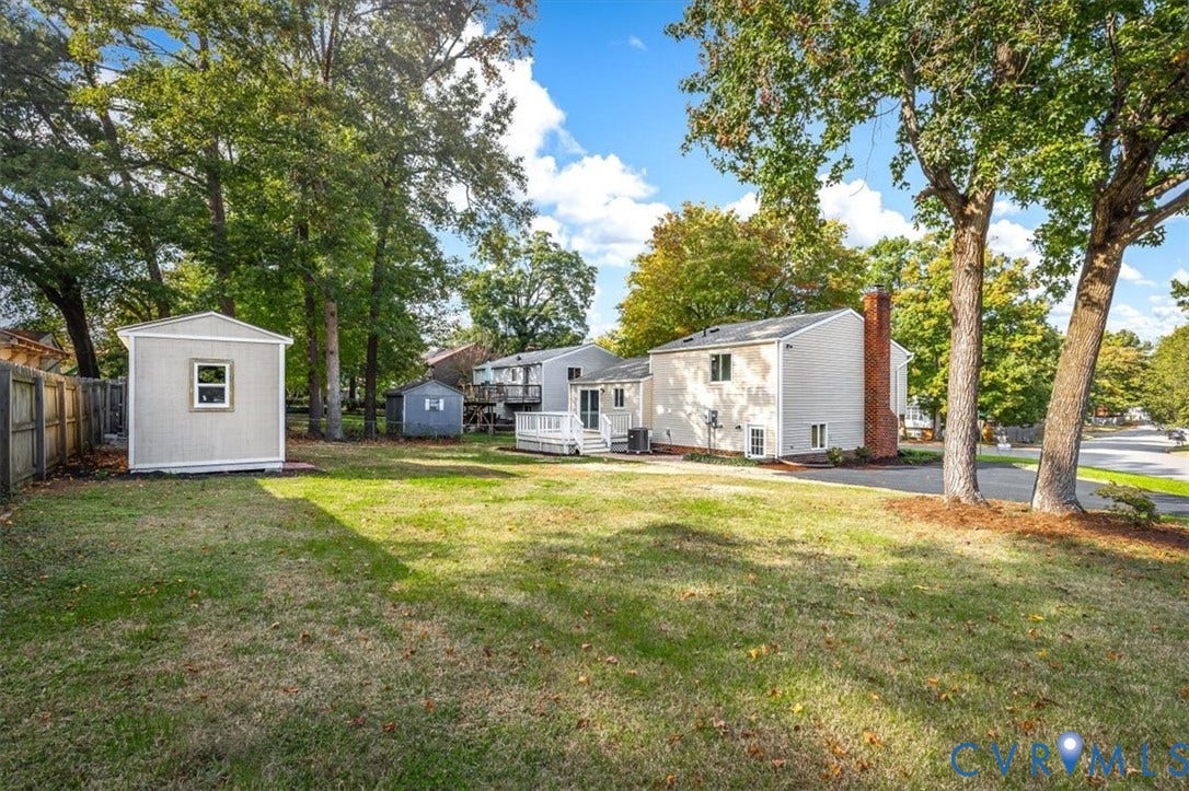9201 Packard Court, Glen Allen, VA 23060 Expansive backyard featuring a detached storage shed, mature trees, wood privacy fencing, and a raised wooden deck