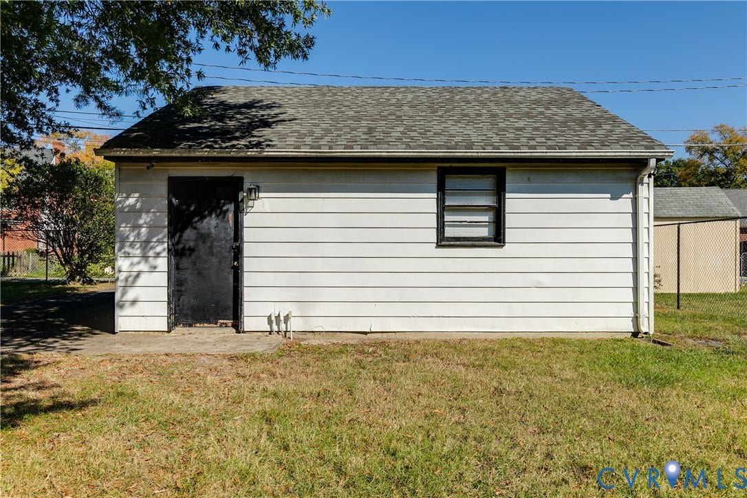 1406 Wentbridge Road, Richmond, VA 23227 Detached structure featuring white horizontal siding, an asphalt shingle gable roof, and a single-entry door with exterior sconce lighting