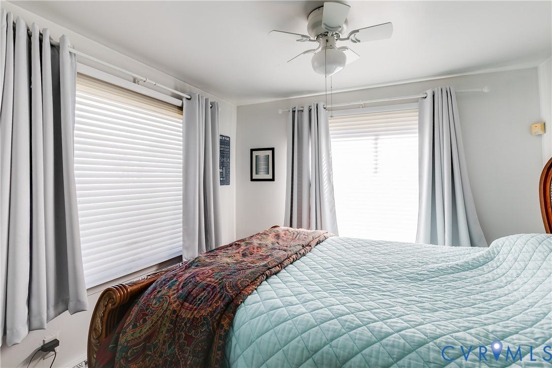 1406 Wentbridge Road, Richmond, VA 23227 Dual windows with horizontal blinds and ceiling fan with integrated lighting